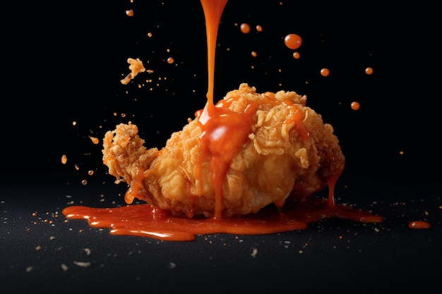 A fried chicken with orange sauce dripping from it