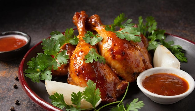 fried chicken with sauce full and slice close up