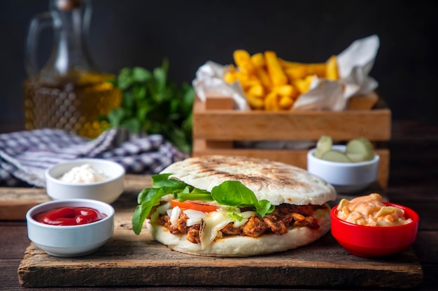 Fried chicken with sauce in pita bread served with salad dressings. Turkish name; tavuk kokorec or tavuk doner or tavuk durum)