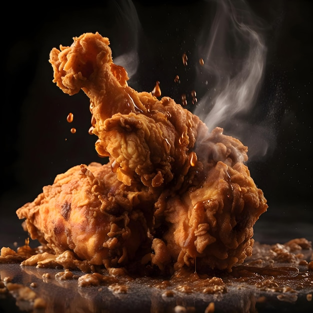 Fried chicken with smoke on a black background Closeup