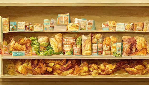 Fried crisps unhealthy crisps in supermarket digital illustration