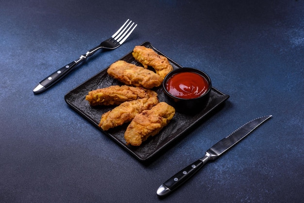 Fried crispy chicken nuggets with ketchup on black plate on a dark background