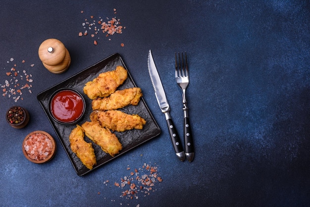 Fried crispy chicken nuggets with ketchup on black plate on a dark background