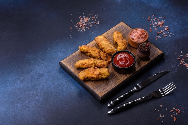 Fried crispy chicken nuggets with ketchup on black plate on a dark background