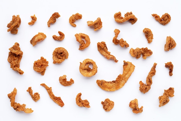 Fried crispy pork belly recipe on white background.