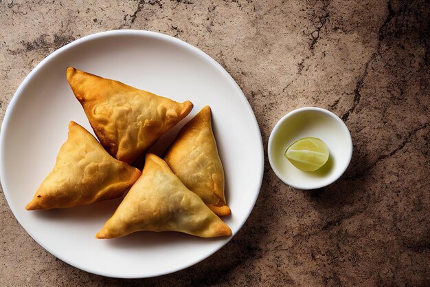 Fried crispy samsa sambusa with sauce on wooden table