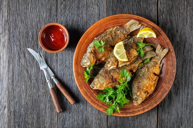 Fried crucian carps with golden crispy crust