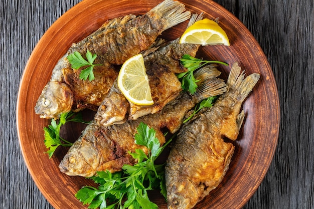 Fried crucian carps with golden crispy crust