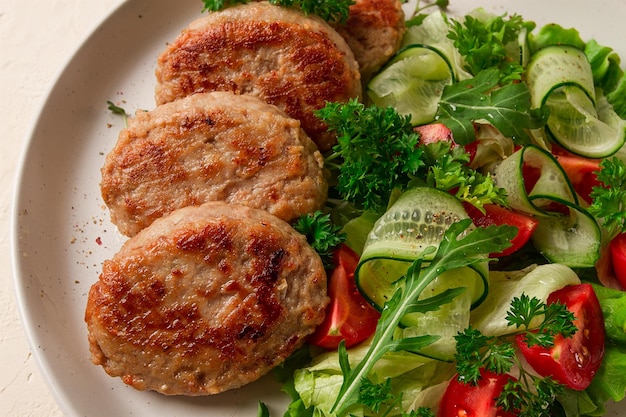 Fried cutlets turkey with vegetable salad top view no people