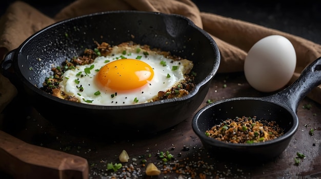 Fried Egg in a Cast Iron Skillet with Spices