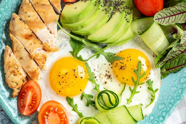 Fried egg Close up view of the Chicken grilled fillet fresh tomatoes cucumbers and avocado Ketogenic diet breakfast Food recipe background