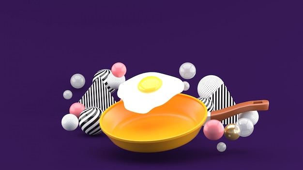 Fried Egg Flying Pan among colorful balls on a purple space