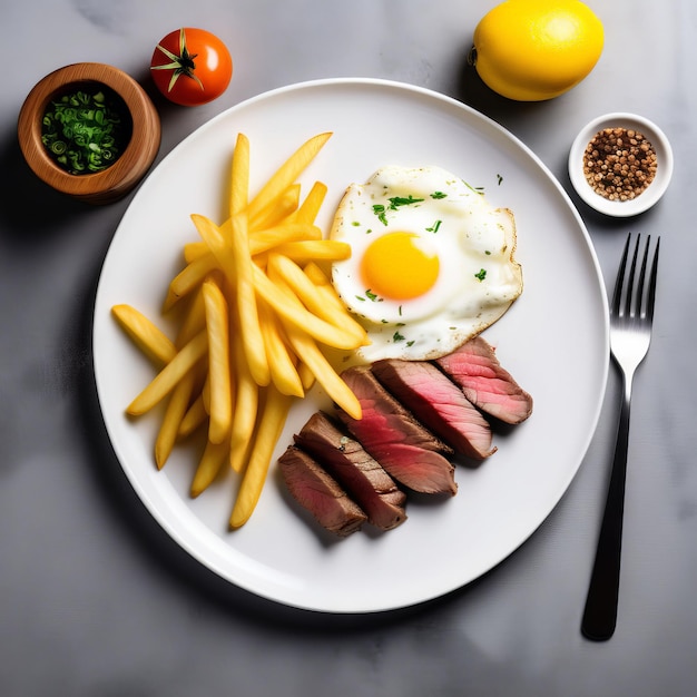 fried egg and french fries with fried potato on white background fried egg and french fries wit