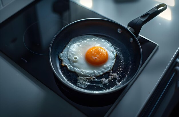 Photo fried egg in a frying pan fried egg in kitchen perfectly cooked fried egg on stove