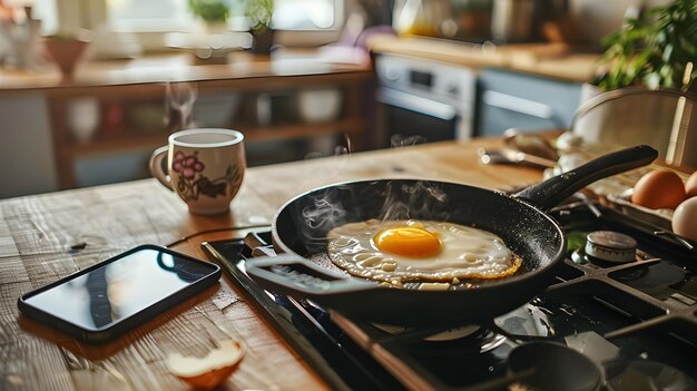 Photo fried egg in a frying pan fried egg in kitchen perfectly cooked fried egg on stove