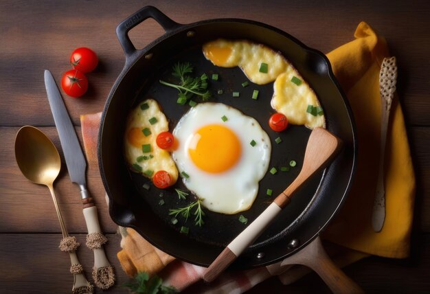 Photo a fried egg in a heart shape with a vintage pan and cutlery on a dark background