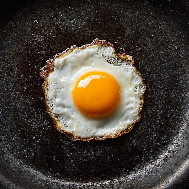 a fried egg is on a black pan