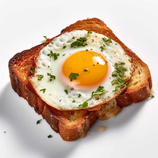 a fried egg is on a piece of bread with parsley on it