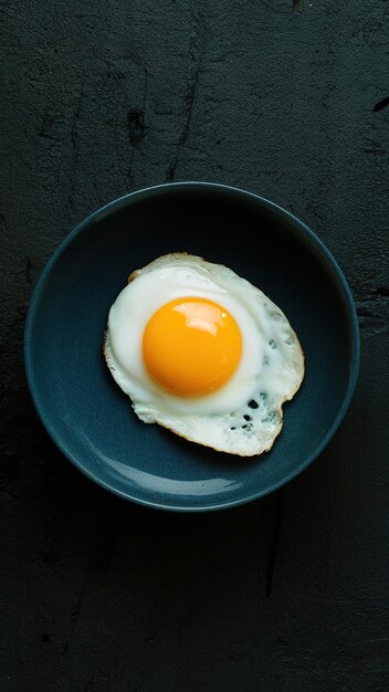 A fried egg is sitting in a blue bowl on a dark surface