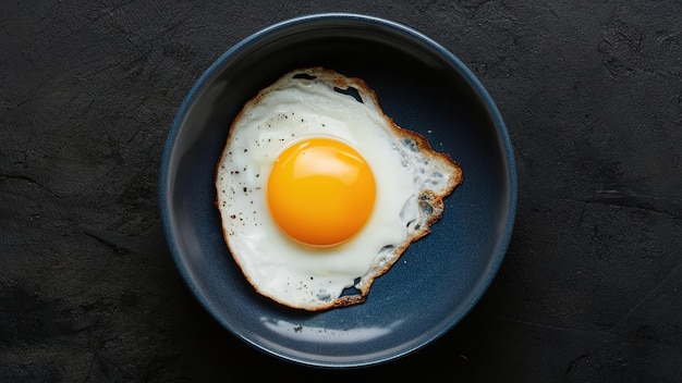 A fried egg is sitting in a blue bowl on a dark surface