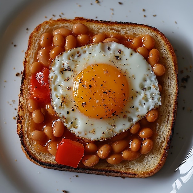 Photo a fried egg is on a toasted bread with beans