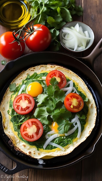 A Fried egg omelet with wild mushrooms and tomatoes