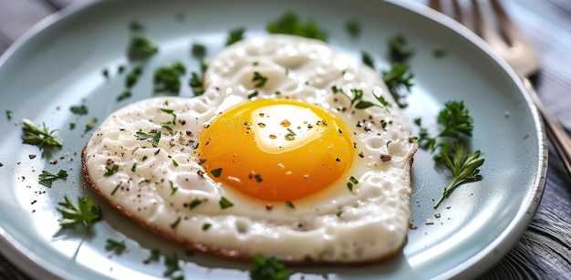 Fried egg on a plate with herbs The concept of healthy eating and breakfast