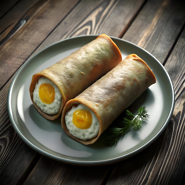 Fried egg rolls on a rustic wooden table