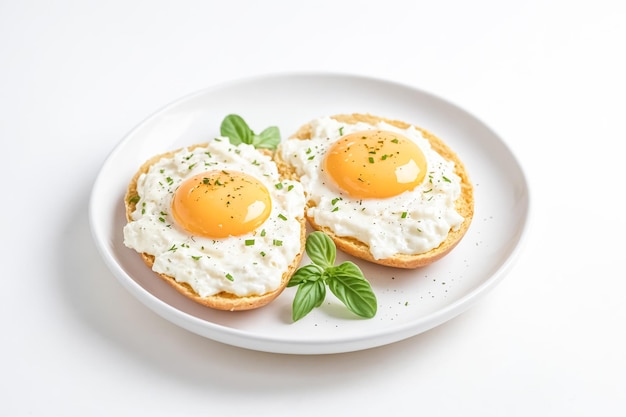 Fried egg on toast with ricotta cheese and basil