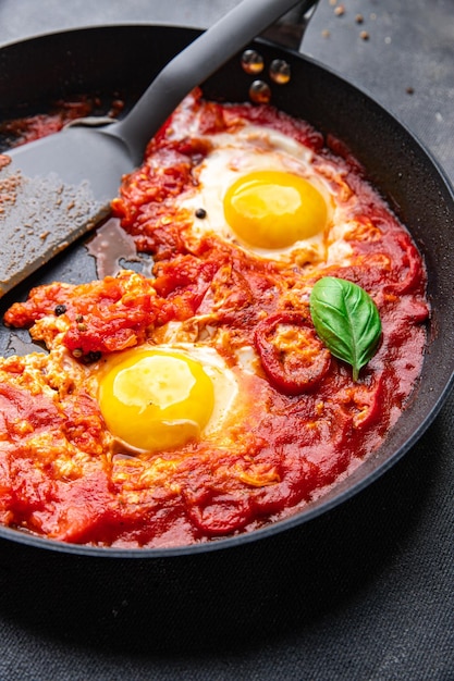 fried egg tomato shakshuka breakfast eggs vegetable meal food snack on the table copy space food