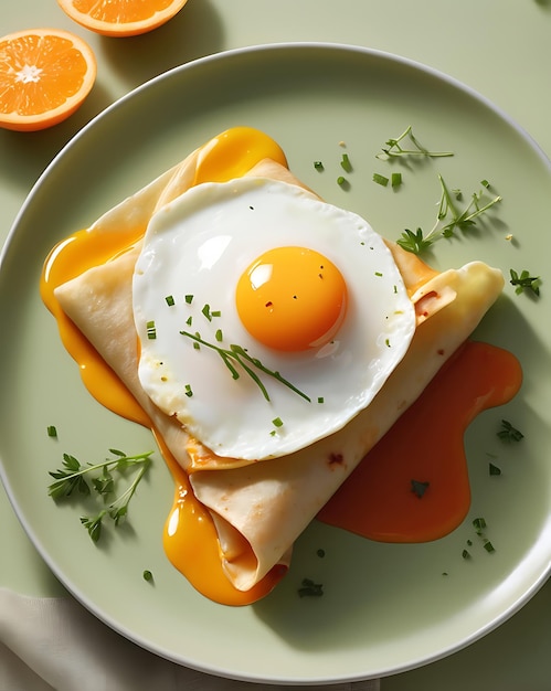 Photo fried egg with bread and vegetable