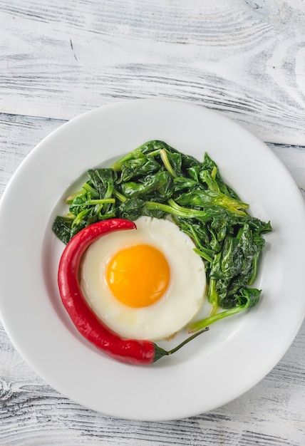 Fried egg with spinach and fresh chilli