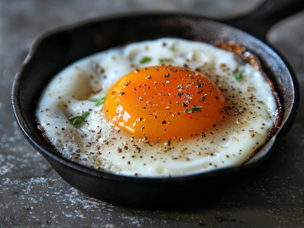 A fried egg with a sprinkle of pepper and parsley on top