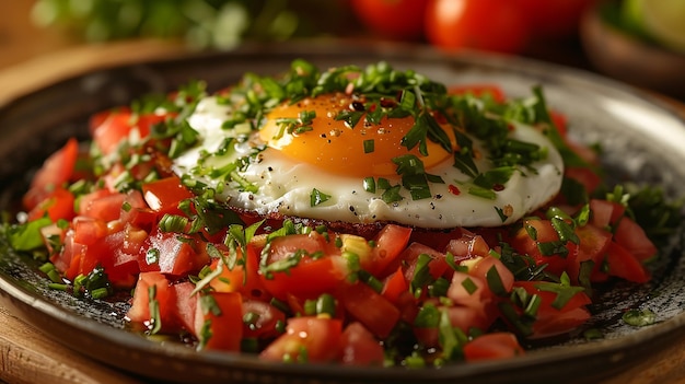 a fried egg with tomatoes and herbs on a plate