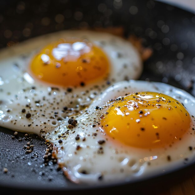 Photo fried eggs in a black pan are being cooked sprinkled with black pepper