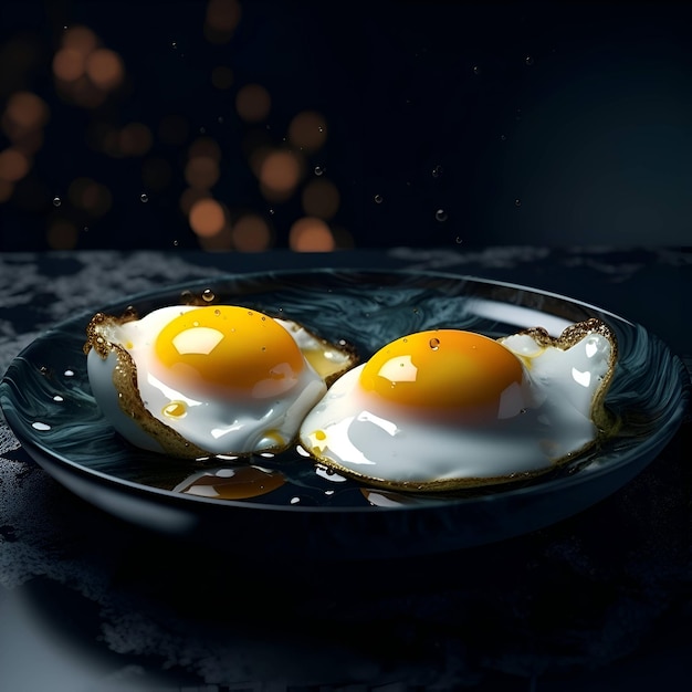 Fried eggs on a black plate on a dark background Closeup