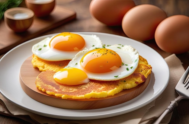 Fried eggs close up on a white plate with herbs on table Traditional delicious breakfast AI generated