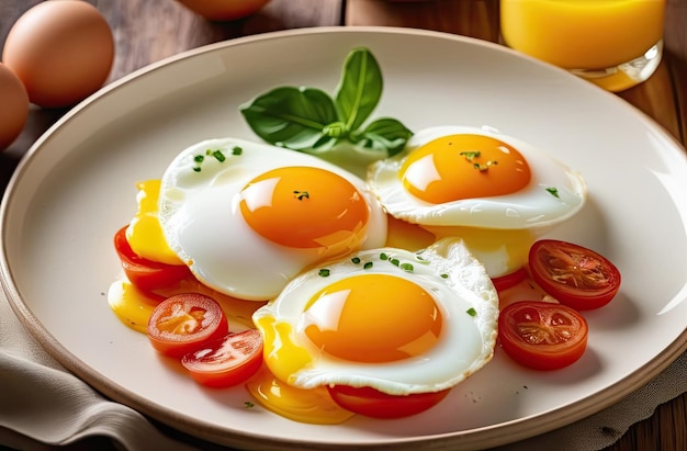 Fried eggs close up on a white plate with herbs on table Traditional delicious breakfast AI generated