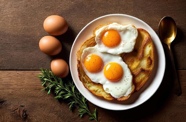 Fried eggs close up on a white plate with herbs on table Traditional delicious breakfast AI generated