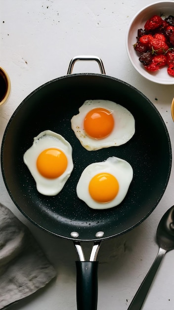 Photo fried eggs in a frying pan isolate on a white background