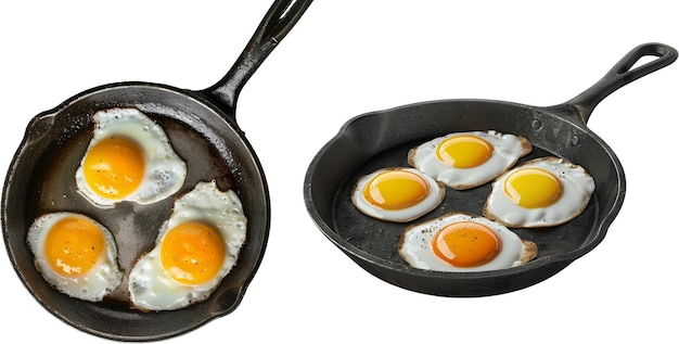 Fried eggs in a frying pan isolated on white background