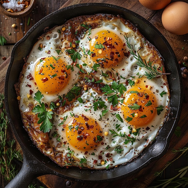 Photo fried eggs in a frying pan on wooden table