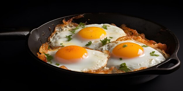 Photo fried eggs in a frying pan on wooden table