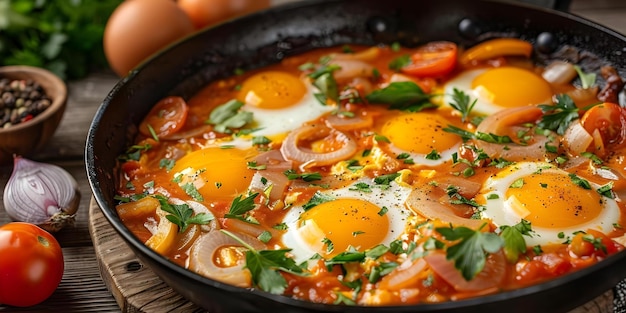 Photo fried eggs in homemade shakshuka skillet with onion pepper tomato and parsley concept cooking breakfast shakshuka recipe healthy eating