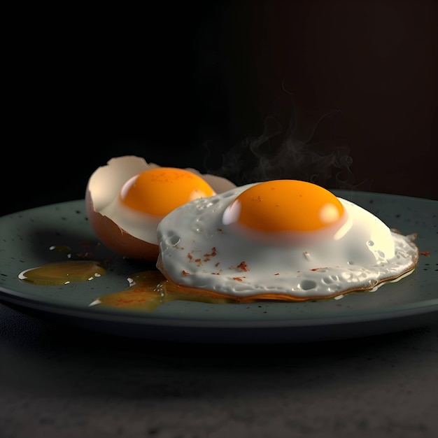 Fried eggs on a plate with smoke on a black background