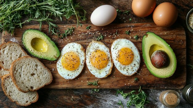 Photo fried eggs with avocado and bread on wooden cutting board