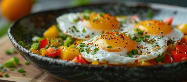 Photo fried eggs with chili for breakfast on table