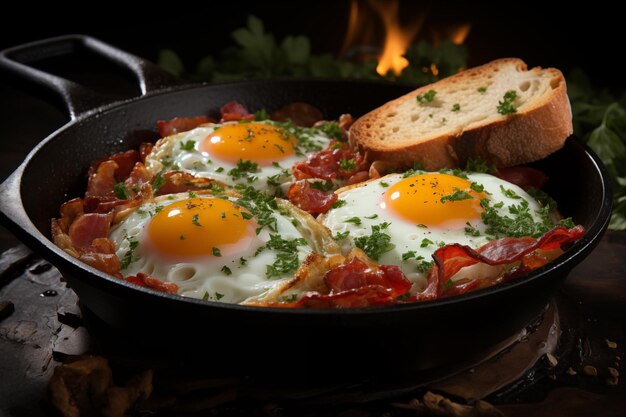 Fried eggs with herbs in skillet