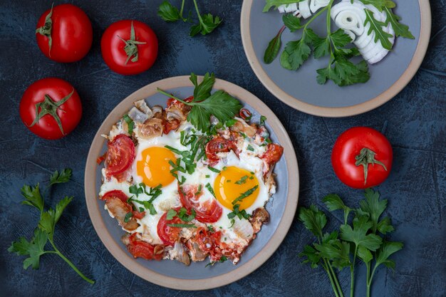 Fried eggs with onions, bacon, tomatoes and herbs, top view