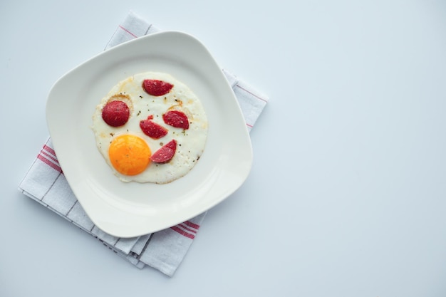 Fried eggs with sausage on table